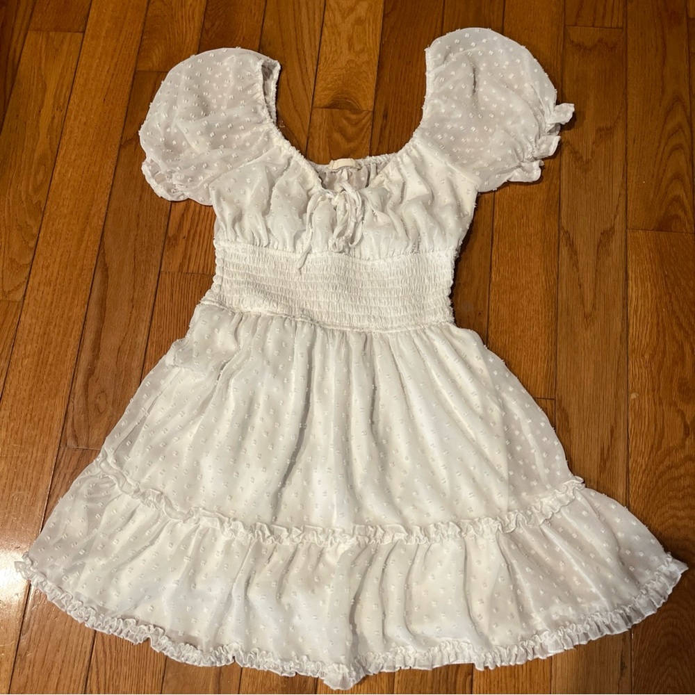 Altar'd State White Swiss Dot Dress Smocking Ruffle Tiered Graduation Feminine